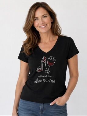 Chris’s Stuff Rhinestone Shoe & Wine Graphic Tee Black V-Neck Large USA